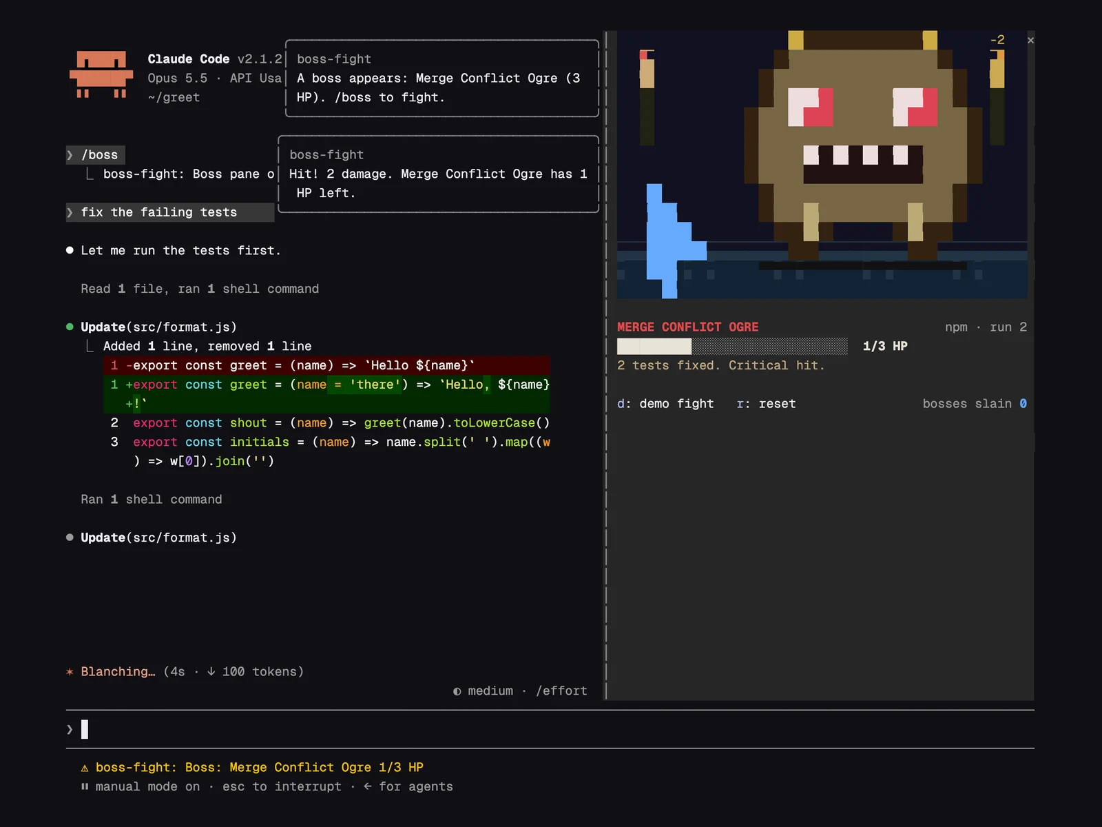 Boss Fight running in Claude Code