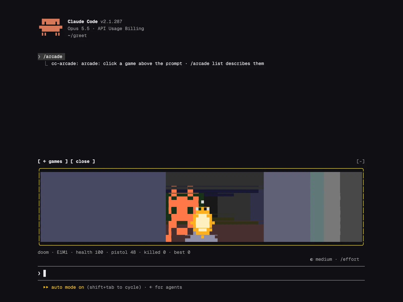 CC Arcade running in Claude Code