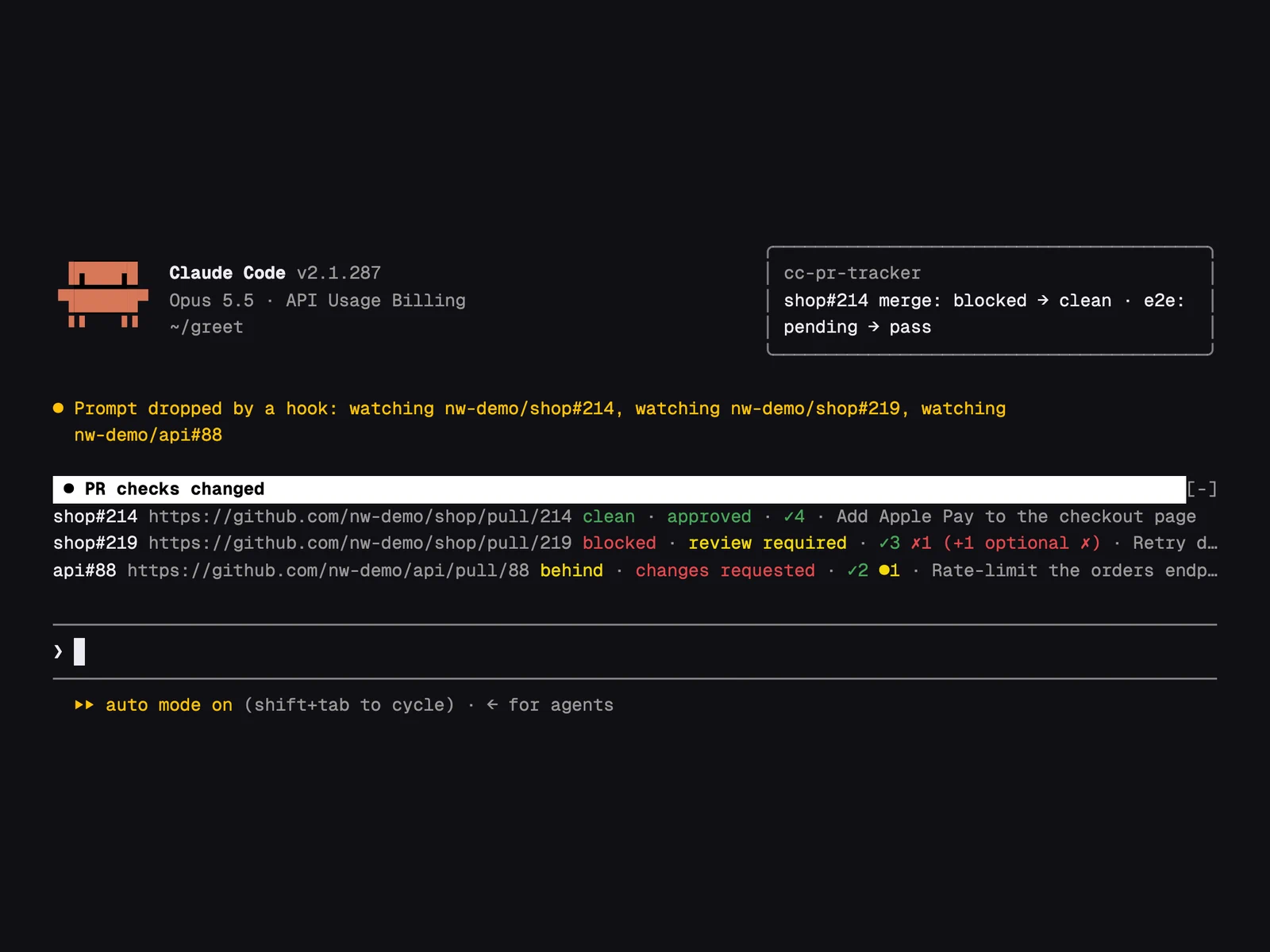 PR Tracker running in Claude Code