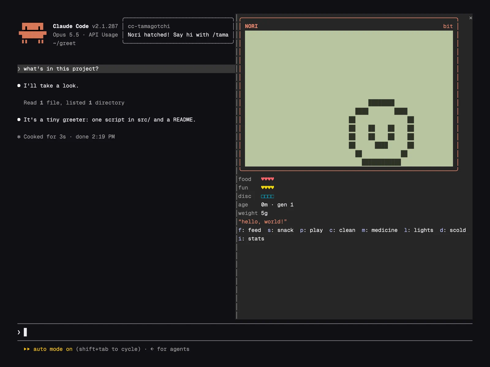 CC Tamagotchi running in Claude Code