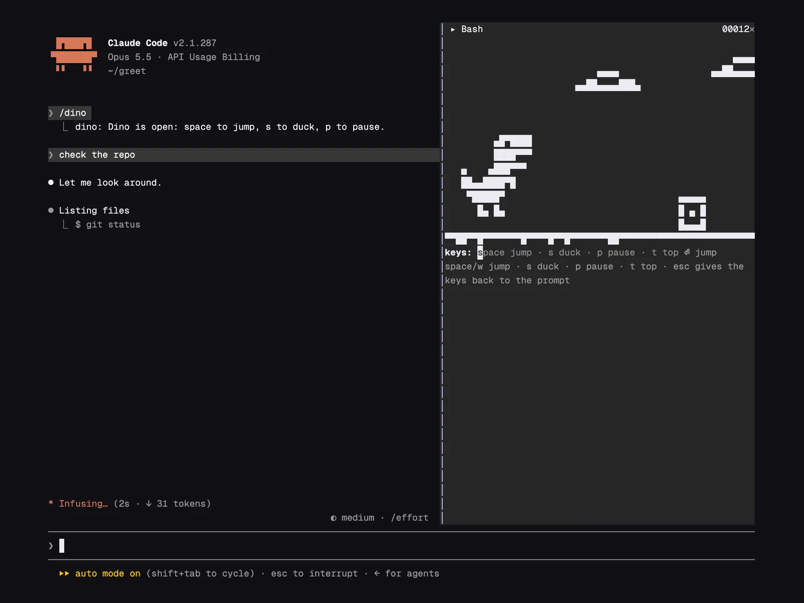 Claude Dino running in Claude Code