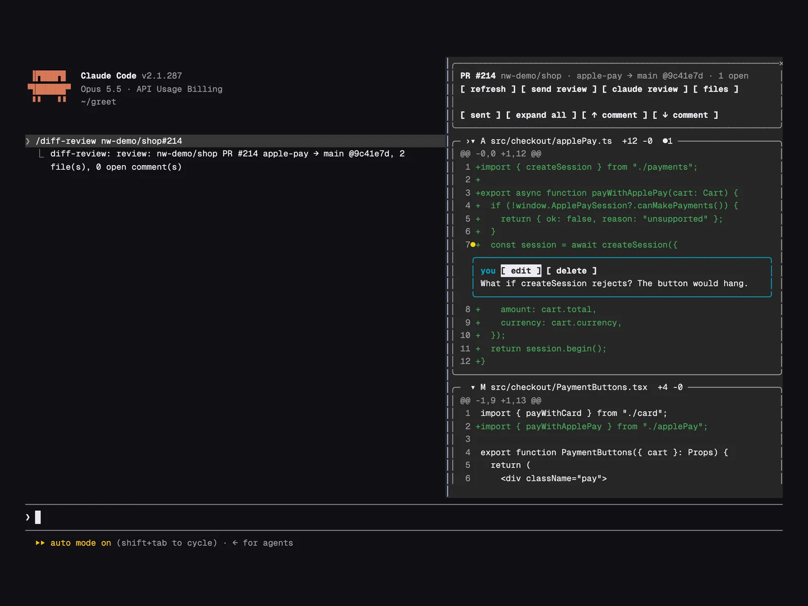 Diff Review running in Claude Code