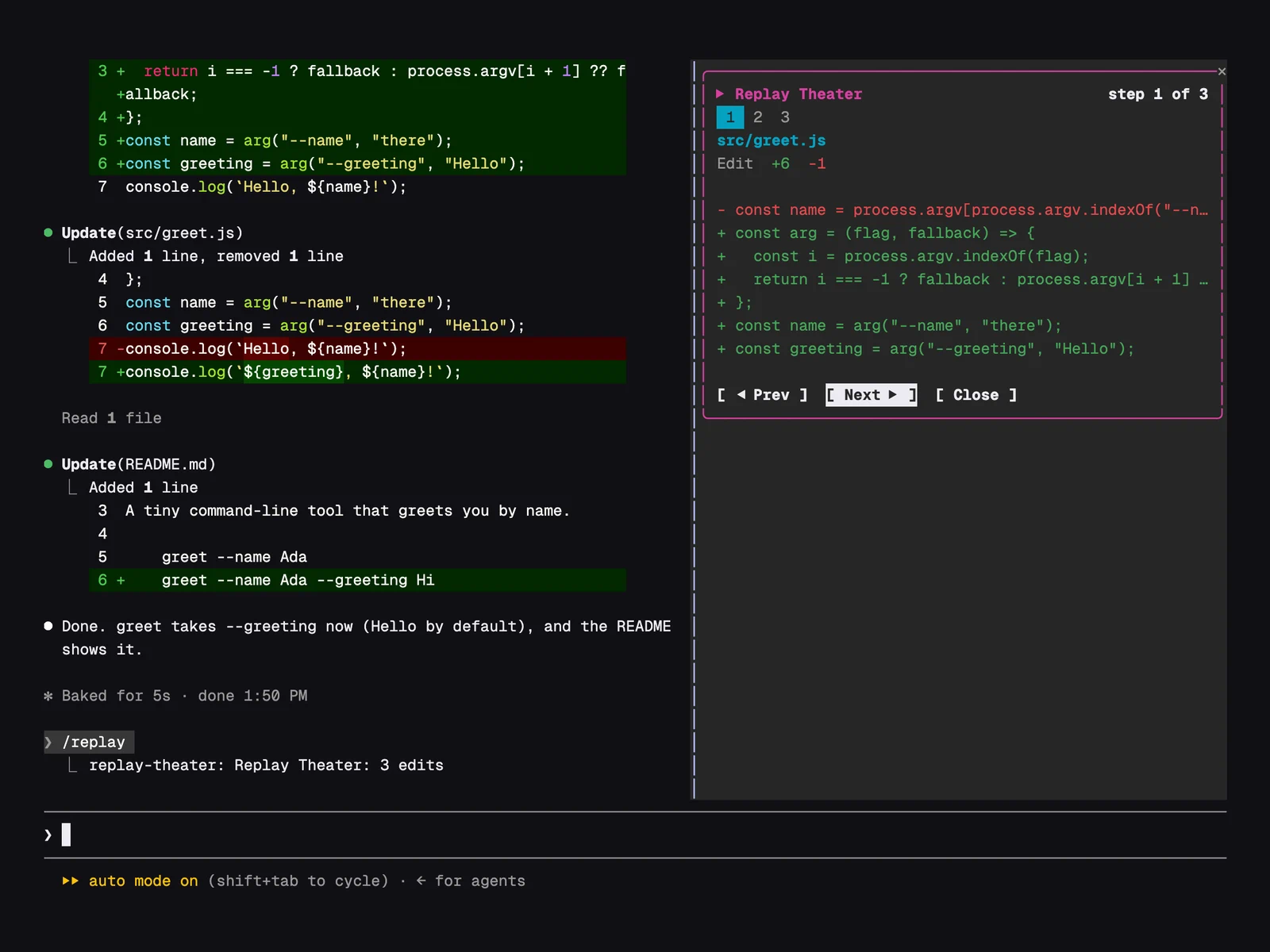 Replay Theater running in Claude Code