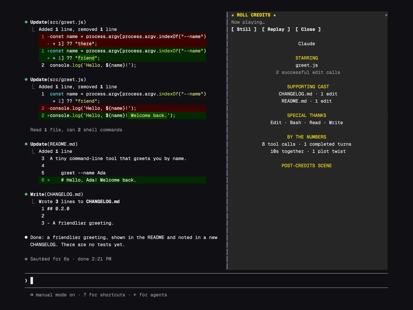 Roll Credits running in Claude Code