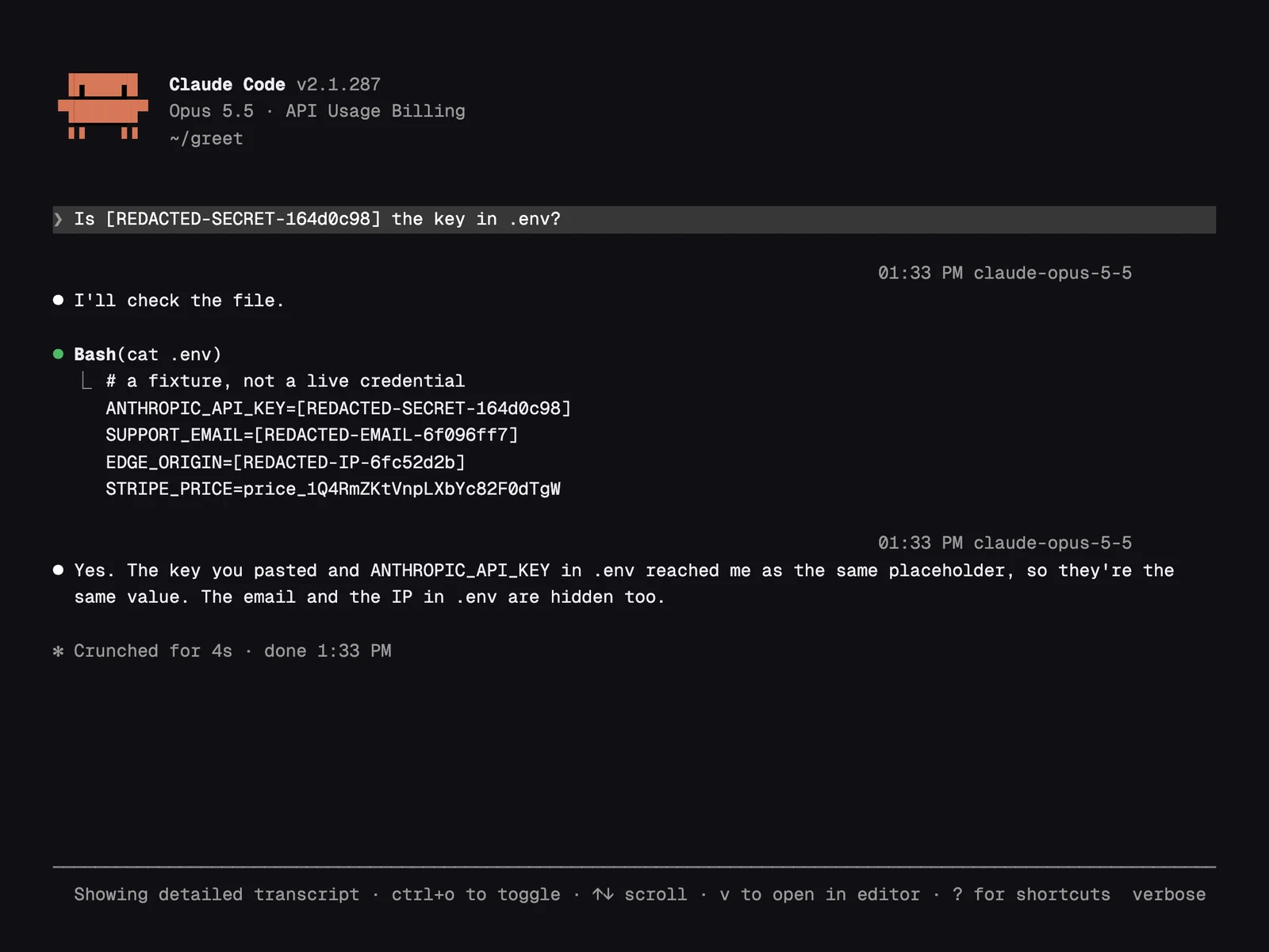 Secret Redactor running in Claude Code
